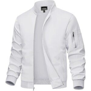 🆕 Men White Bomber Jacket Lightweight Casual Windbreaker Full Zip Spring Coat